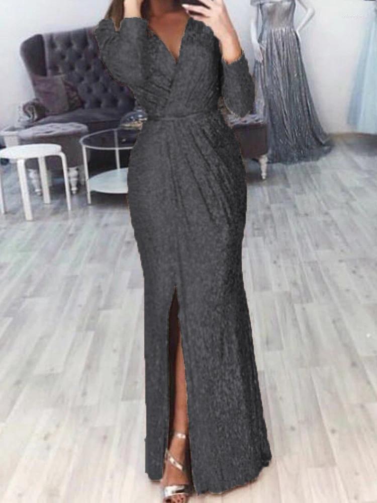 Casual Dresses Europe And The United States Women's Long Dress Evening Gown Deep V-neck Sparkling Sexy Dinner