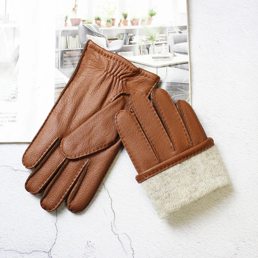 Winter driving leather deer gold gloves mens fashion wool lining autumn warm motorcycle driving finger gloves 241106