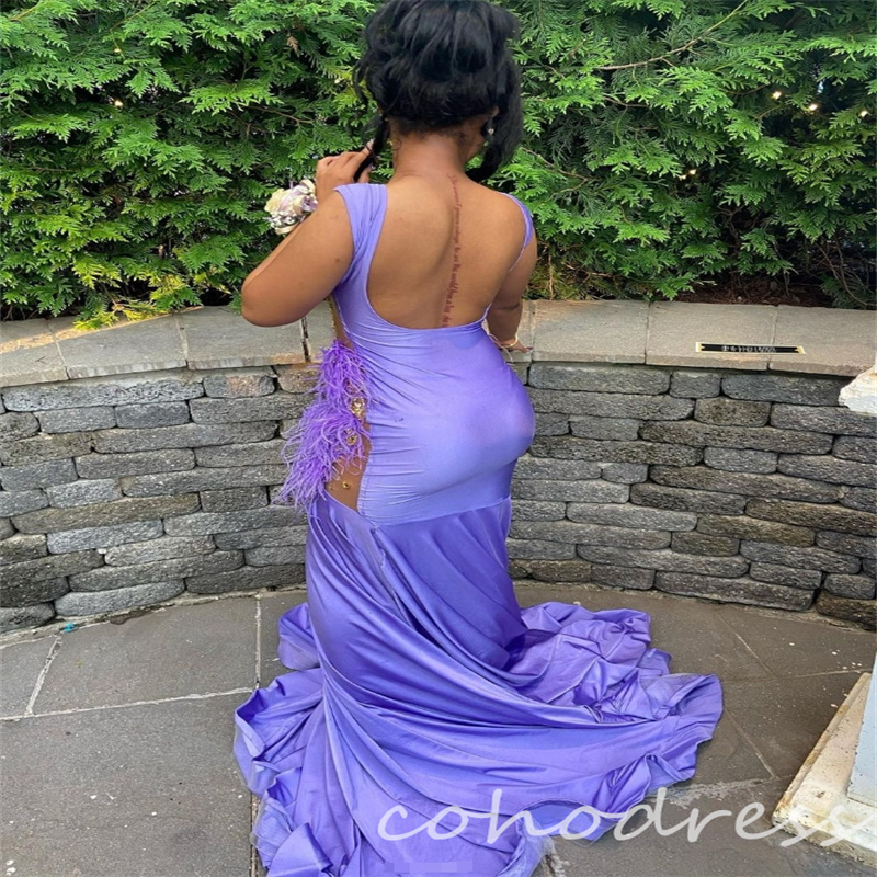 Gorgeous Lilac Prom Dresses With Feather Gold Rhinestone Mermaid Evening Gowns Black Girls African Birthday Dress Sexy Backless Plus Size Formal Dress
