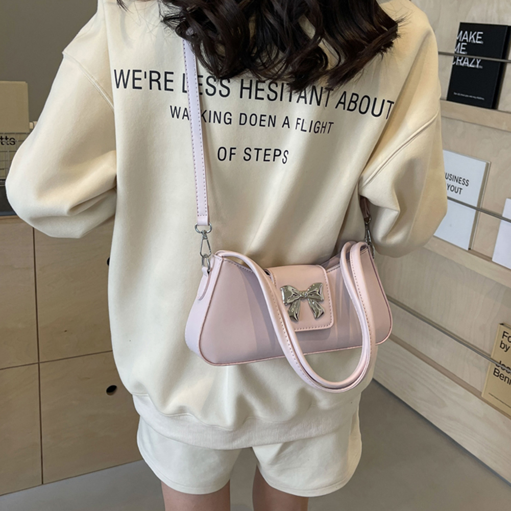 Women Small Commuting Bag Large Capacity PU Bow Underarm Bag Simple Armpit Bag Solid Color Adjustable Strap for Outdoor Travel