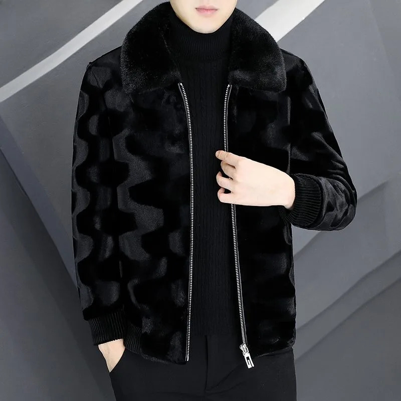 Winter mens high-end mink coat mens fashionable polo collar thick leather coat casual plus size solid color coat 241107