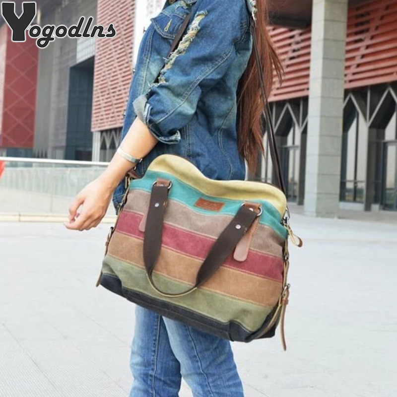 Women Shoulder Bags Satchel Stripe Canvas Handbag Retro Messenger Crossbody Bag Female Large Capacity Tote Bags Dropshipping