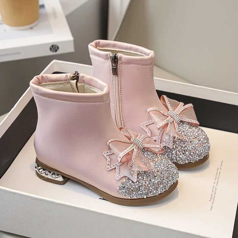 Girls Leather Boots Autumn Winter New Casual Single Boots Princess Fashion Ankle Boots Crystal Rhinestone ButterflyXJ241206