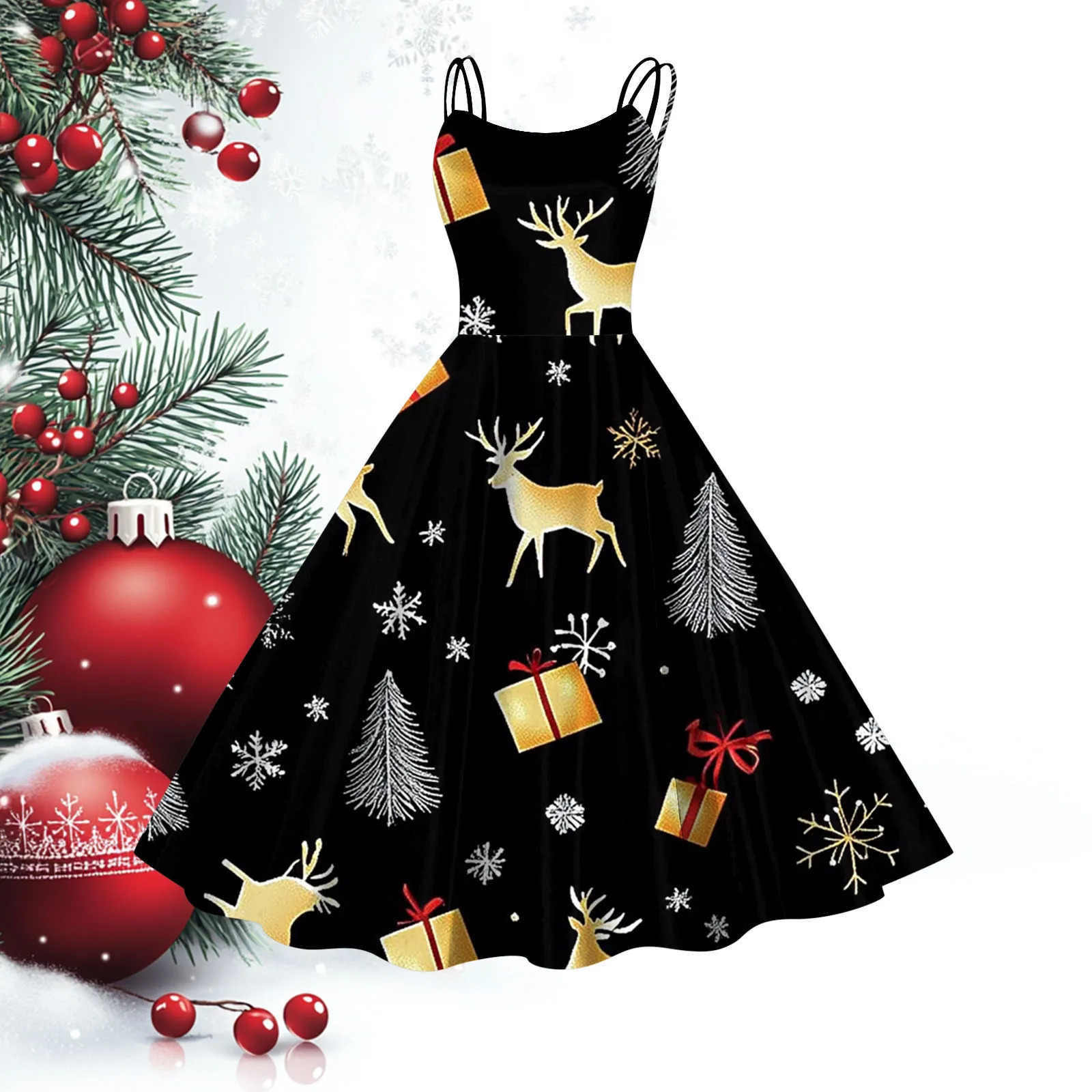 Winter Christmas Flowy Dress for Women Cute Printed Sleeveless Suspender Fit and Flared Dress Vintage Pleated Swing Hem Dress 241107