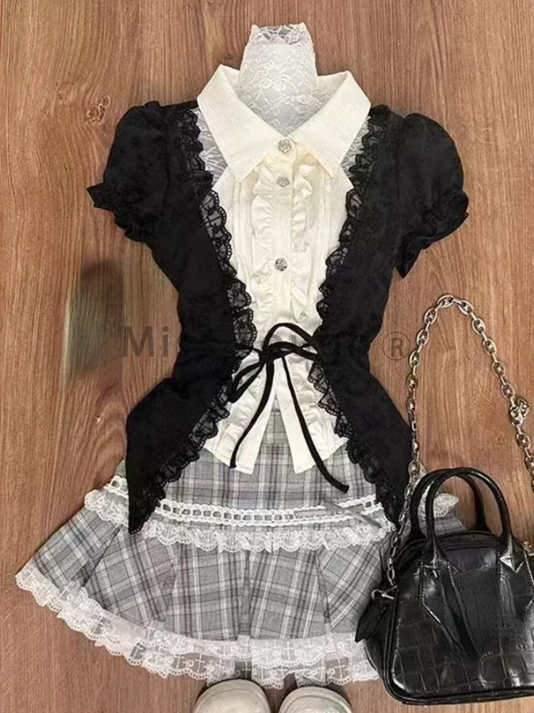 Fashion Sweet Slim Short Sleeve 2 Piece Set Women Chic Lapel Bow Patchwork Tops High Waist Thin Plaid Short Skirt 241107