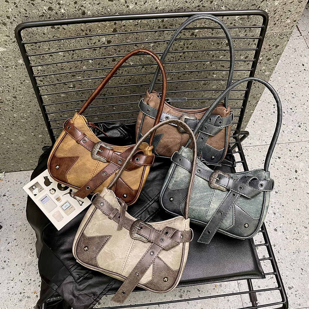 Women Vintage Underarm Bag Zipper Closure Rivet Belt Patchwork Armpit Bag Large Capacity Motorcycle Handbag for Outdoor Travel
