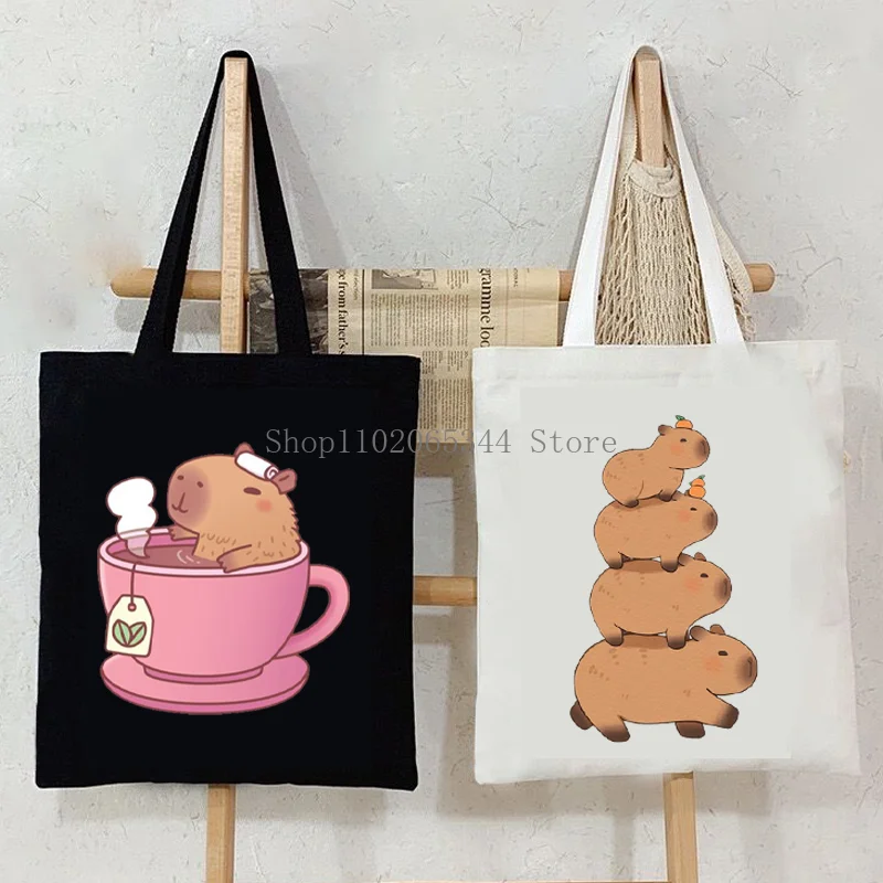 Cute Capybara Canvas Bag for Women Shopper Handbags Environmental Storage Reusable Shoulder Tote Bag Cartoon Capybara Hand Bag