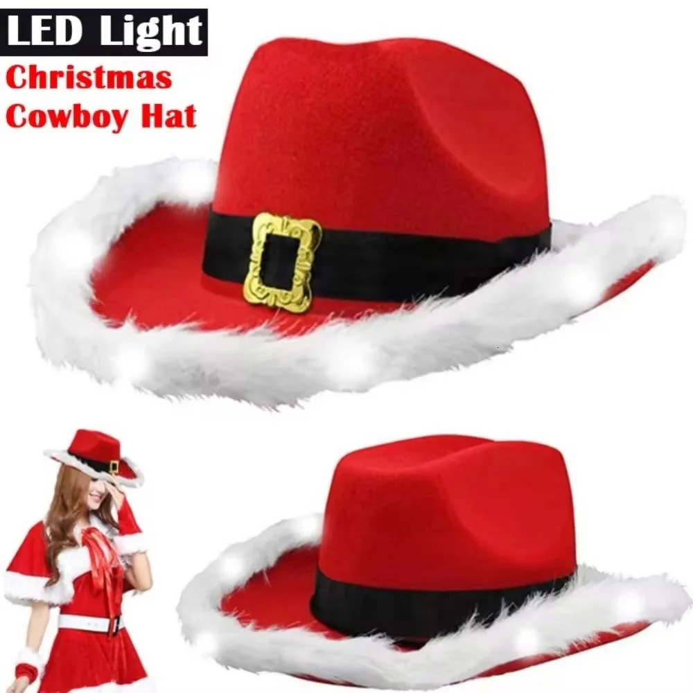 Fashion Santa Claus Party Christmas Luminous Cowboy Hat Western Red Felt Hats Wide Brim Cowgirl Hat Jazz Hat for Women Men 241107