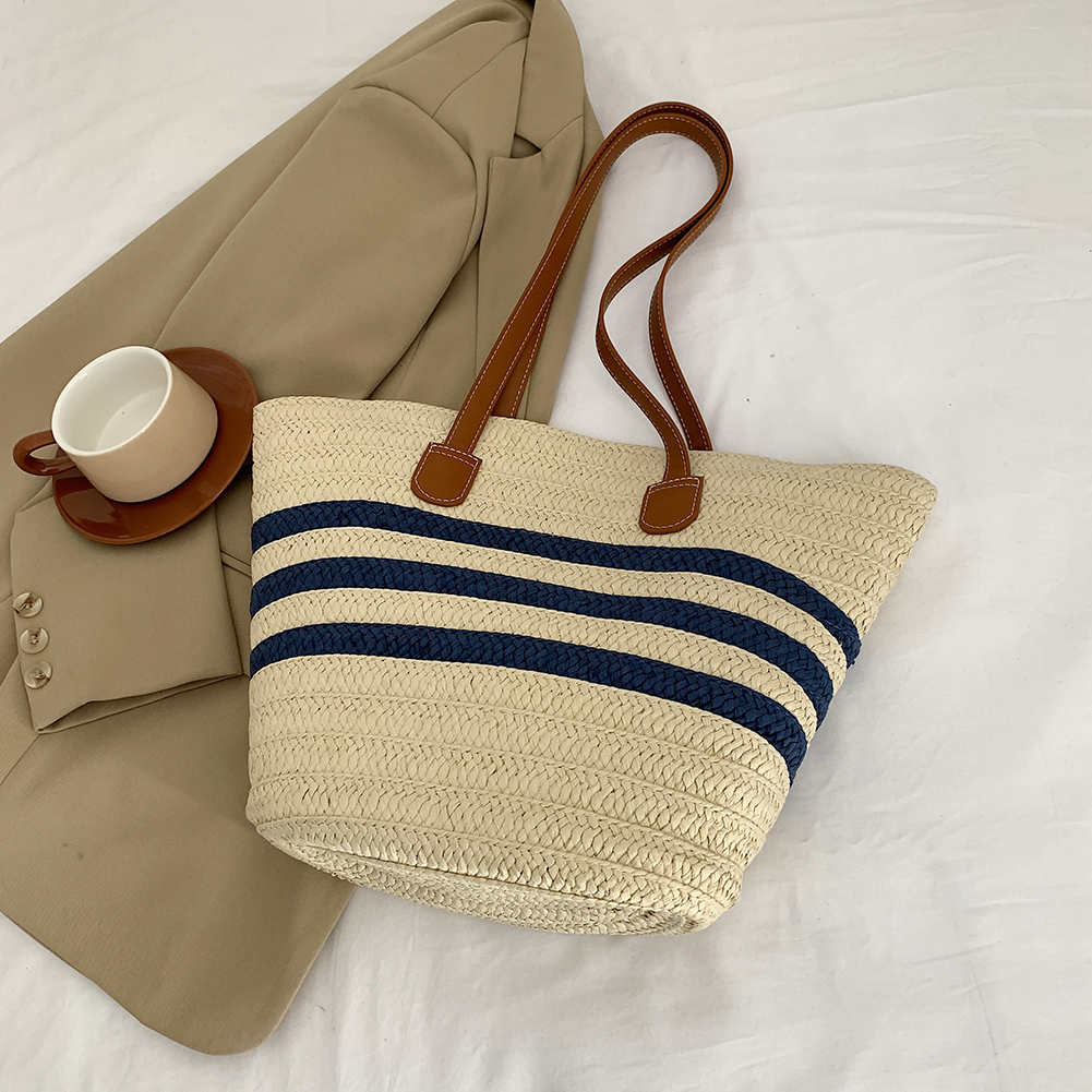 Women Straw Shoulder Bag Color Contrast Weaving Travel Bag Large Capacity Striped Straw Handbag Ladies Summer Daily Bag