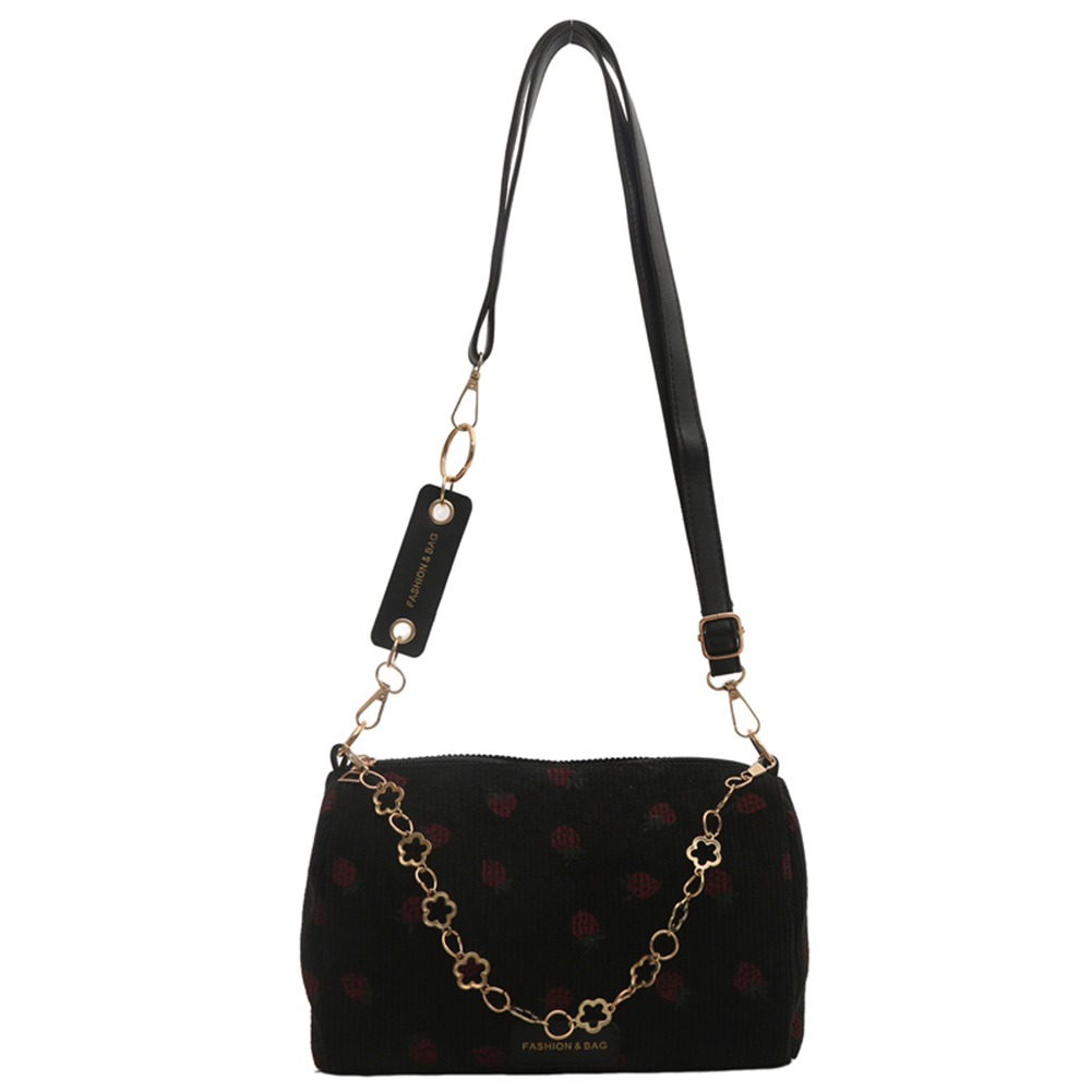 Cute Strawberry Print Shoulder Bag with Zipper Corduroy Messenger Bag with Adjustable Strap Crossbody Purse for Women Girls