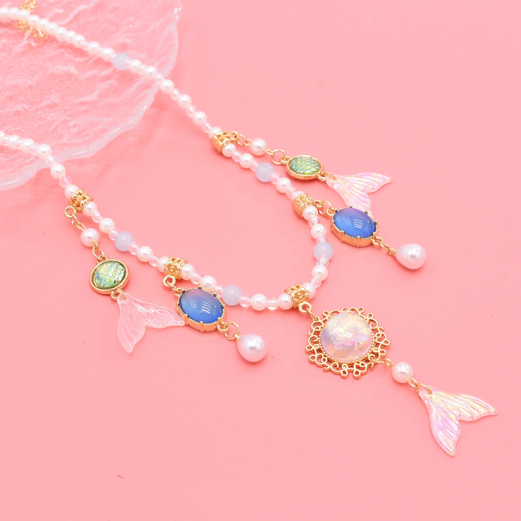 Antique Style Imitation Pearl Colorful Bead Fish Tail Necklace Mermaid Princess Hanfu Photo Super Fairy Gradient Tassel Necklace