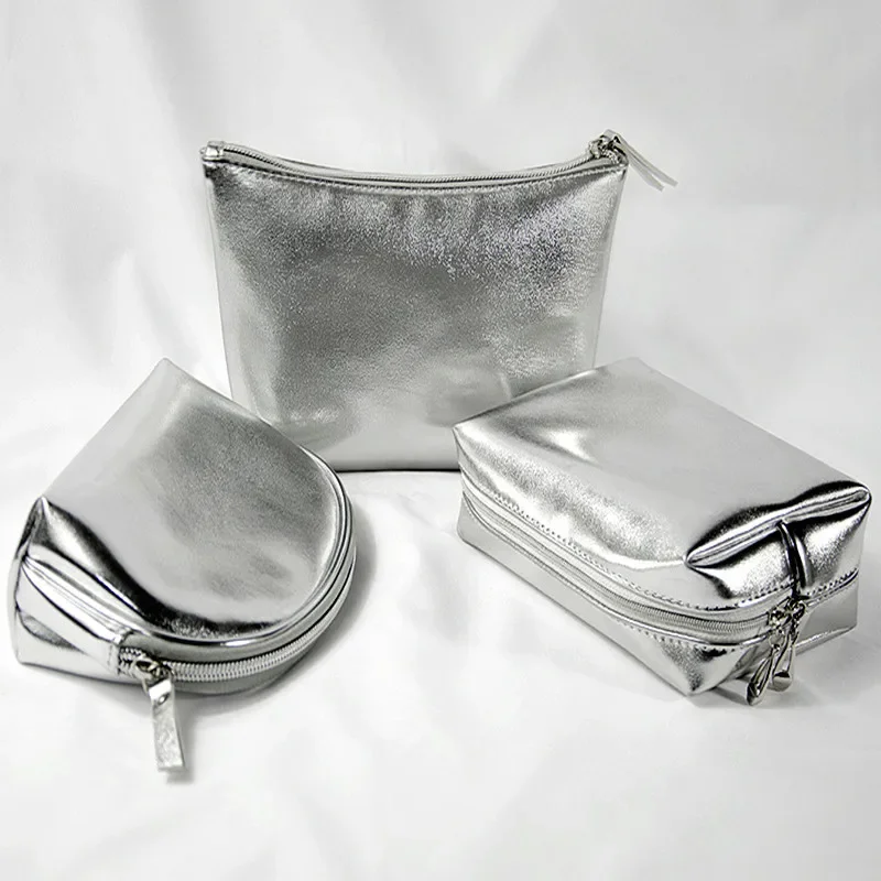 Washing Makeup Bag for Women Soft Leather Cosmetic Bag Silver Large Capacity Cosmetic Storage Bag Travel Makeup Pouch Handbag