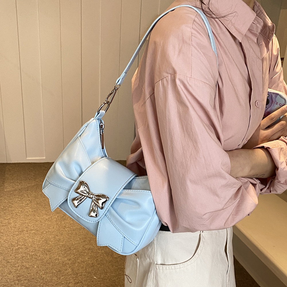 Sweet Bow Ladies Handbag PU Leather Casual Shoulder Purse with Adjustable Strap Mini Tote Bag with Zipper Closure Underarm Bag