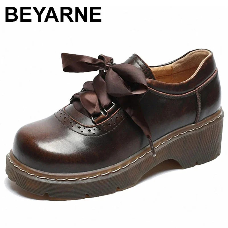Womens Ribbon Lace Oxford Shoes Genuine Split Leather Brogues Retro Womens Apartment Zapatos De Mujer 241106