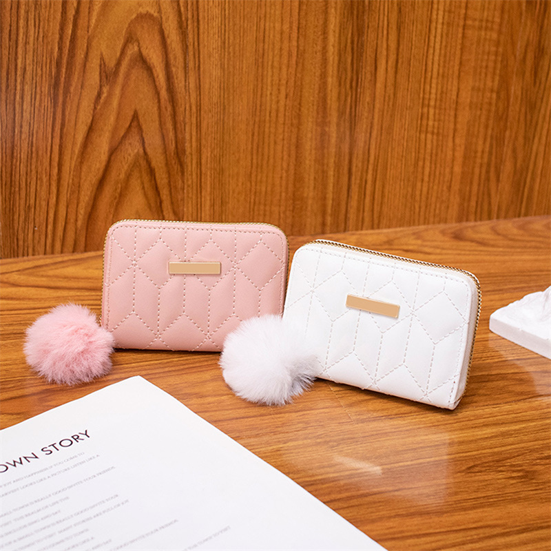 Women Small Leather Wallet Credit Card Holder Bifold Purse With Pompom Ball Lady Wallet Credit Card Holder Clutch Wallet