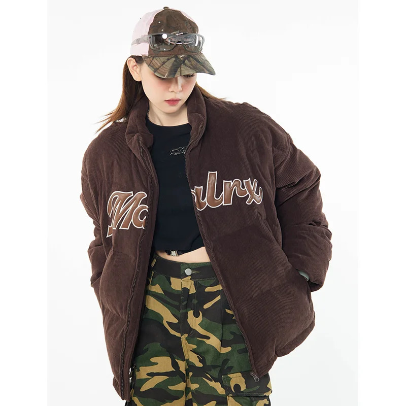 Womens brown down jacket Corduroy letter jacket American fashion thick warm feather down jacket womens inflatable winter jacket 241107