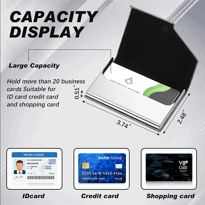 Business Card Holder with Magnetic PU Leather Stainless Steel Business Card Case ID Name Card Case for Men Women Office