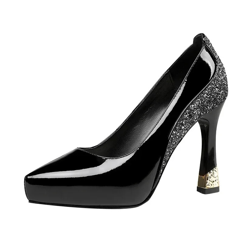 2024 Leather Shoes Woman High Heels Platforms Pumps Thick Heel Mixed-colors Fashion Pointed toe Brown 241106