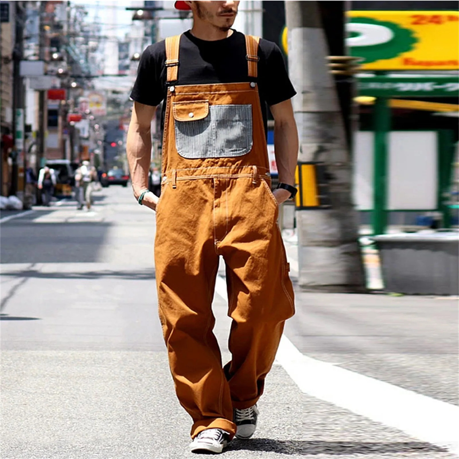 Fashion Men Jeans Bib Washed Jumpsuit Plus Size Streetwear Solid Color Pockets Loose Strap Suspenders Workout Pants Cargo 240401