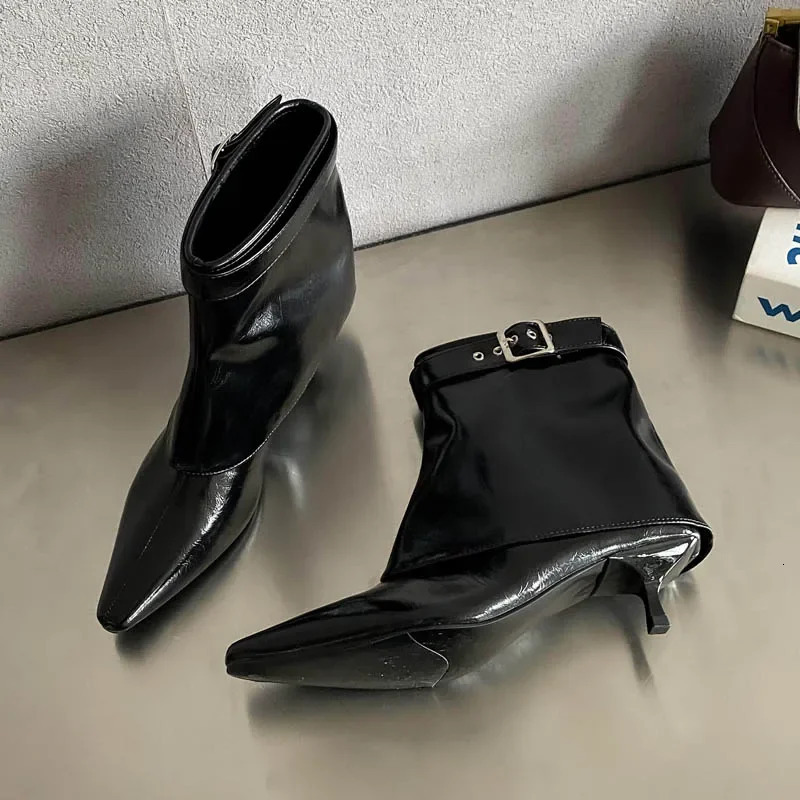 Eilyken belt buckle womens ankle boots style Pointed toe thin high heels autumn winter short boots 241106