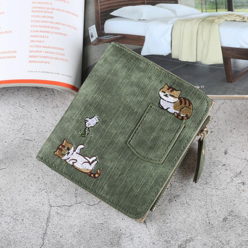 Embroidery Cat Women Short Wallet Zipper Coin Purse Short Women's Wallet Cute Mini Cards Holder Clutch For Girl Female Moneybag