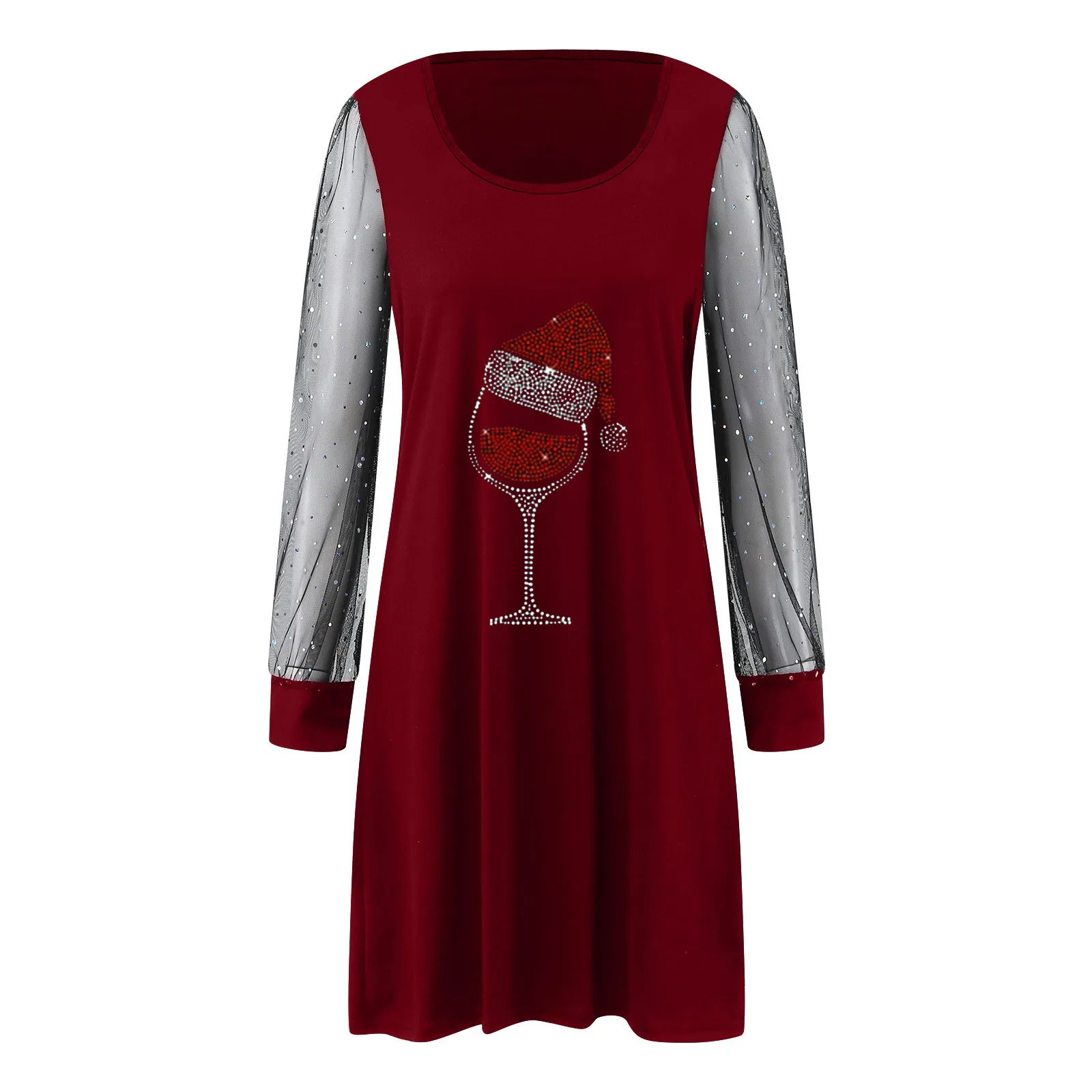 Sequin Mesh Long Sleeve Patchwork Women Dress Christmas Red Hat Wine Glass Print Elegance Party Lady Dresses Cocktail Vestidos 241107