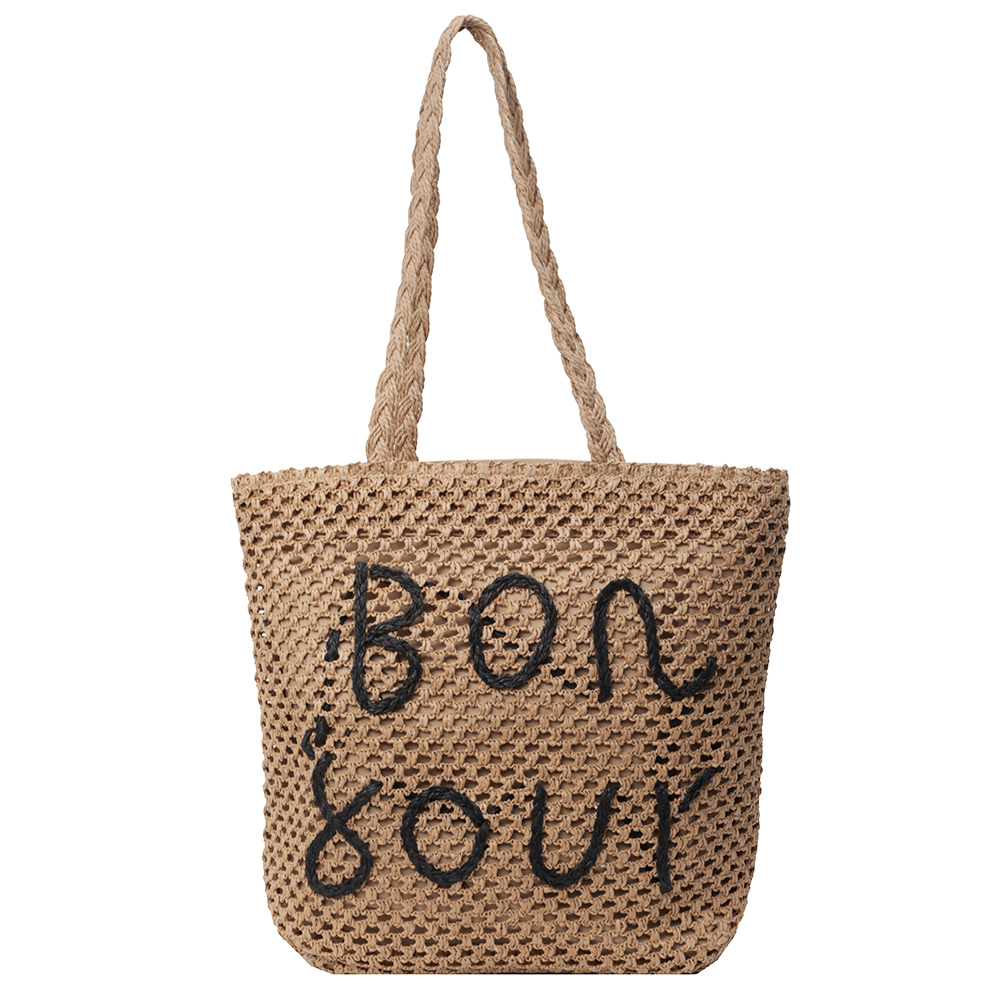 Women Letter Tote Handbag Large Capacity Hollow Out Handbag Versatile Crochet Travel Bag Female Straw Shoulder Bag