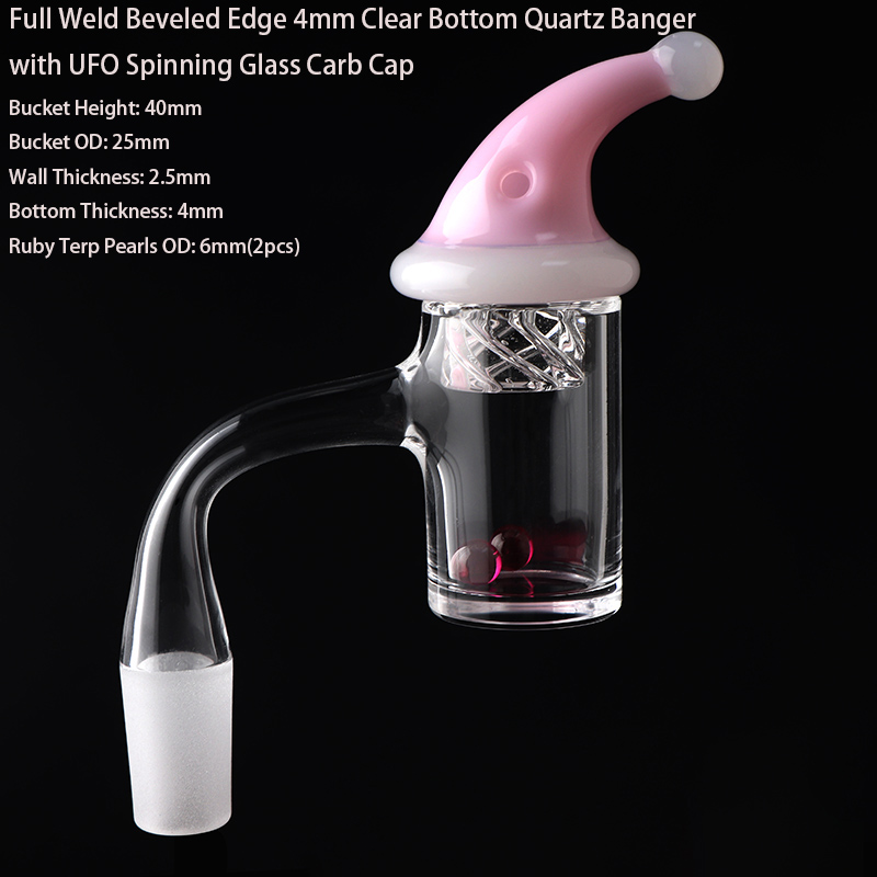 Premium Full Weld Beveled Edge 4mm Clear Bottom Quartz Banger with UFo Spinning Glass Carb cap 10mm 14mm Male Nails for Glass Water Bongs Dab Rigs Pipes