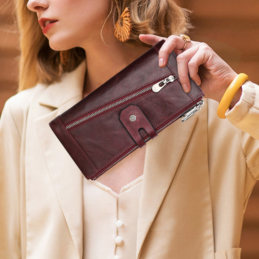 Women Wallet Zipper Solid Color Rectangular Card Holder Photo Folder Cash Compartment Purse Birthday Gift Wine Red