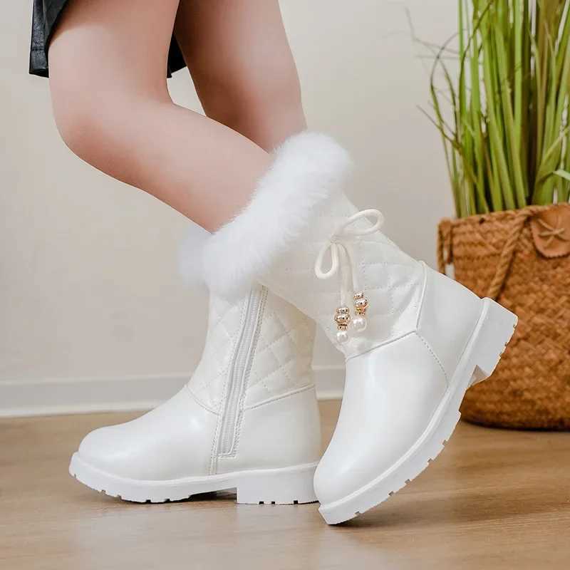 Girls Long Boots Warm Shoes for Winter Kids Princess Boots with Fur 2024 New Fashion Sweet Girls Leather Snow Boots with BowXJ241206