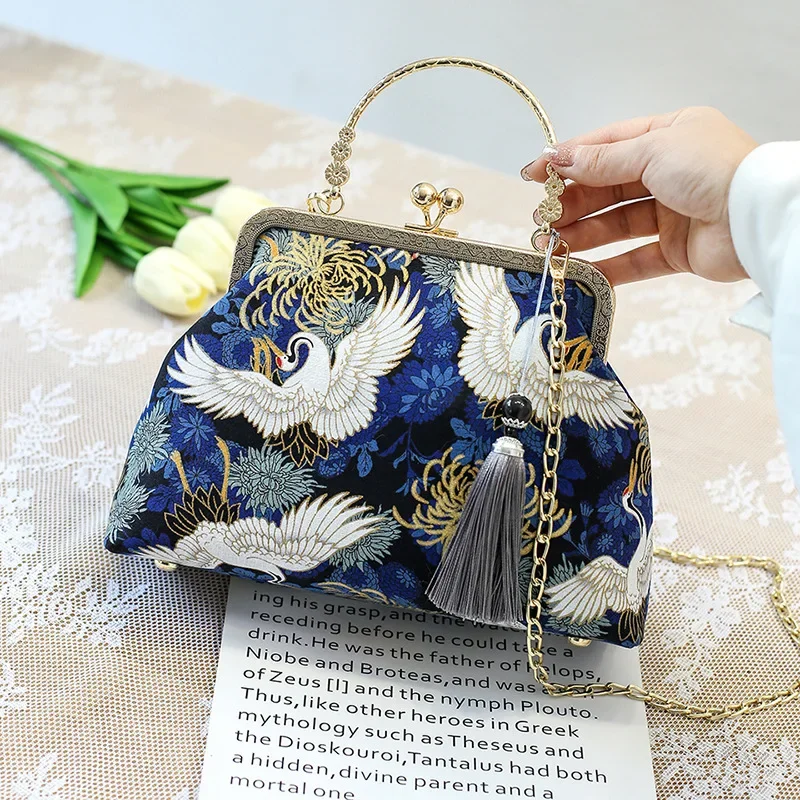 Fashion Vintage Fringe Bag Small Shell Bags Chain Women Shoulder Crossbody Bag Crane Flying Women's Handbags Purses Embroidery