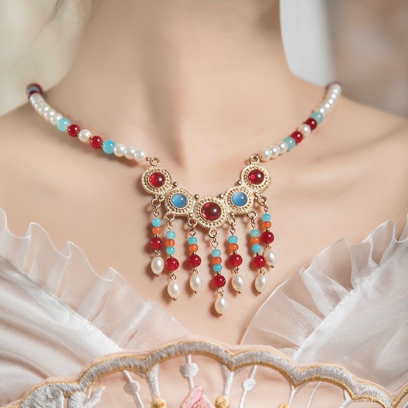 Hanfu Accessories Classical Pearl Necklace Women's Cheongsam Soft Yingluo Pendant Ancient Style Jewelry Retro Palace Short Style Yingluo