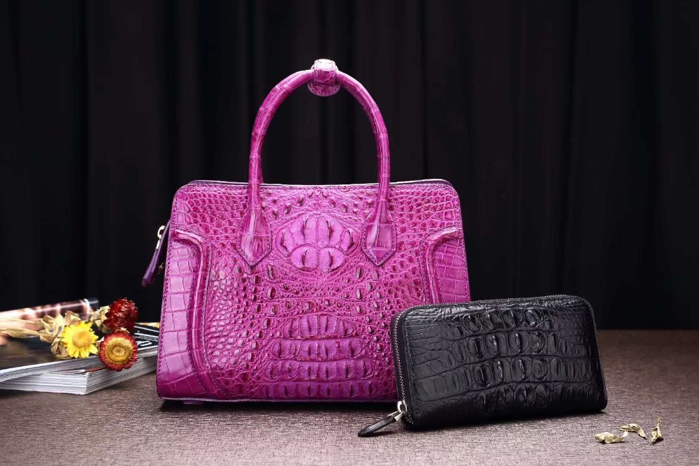 Medium size 100% genuine crocodile skin leather women shoulder bag dark blue color alligator head skin women tote cross body bag