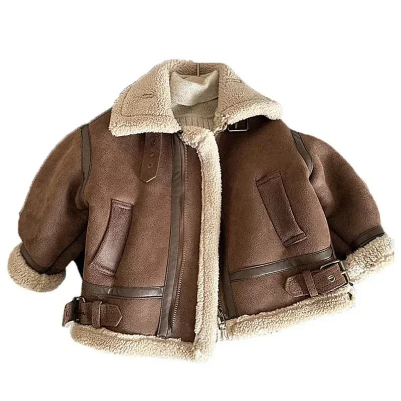Cashmere Leather Jacket Winter Keep Warm Boys Thick Lining with Plush Fur Collar Hooded Heavy Coat for Kids Girls Coats 241106 - view 7