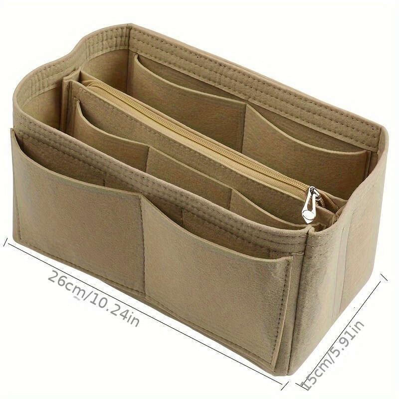 Felt wallet box plugin, multi pocket cosmetic storage bag, large capacity, solid color handbag lining with zipper, women's tote bag shaper .