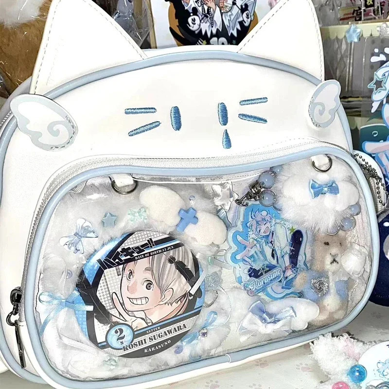 Suitable for womens white backpack Y2K Korean Kawaii cat Ita bag PU cute girl transparent pocket aesthetic shoulder cross body bag 241106