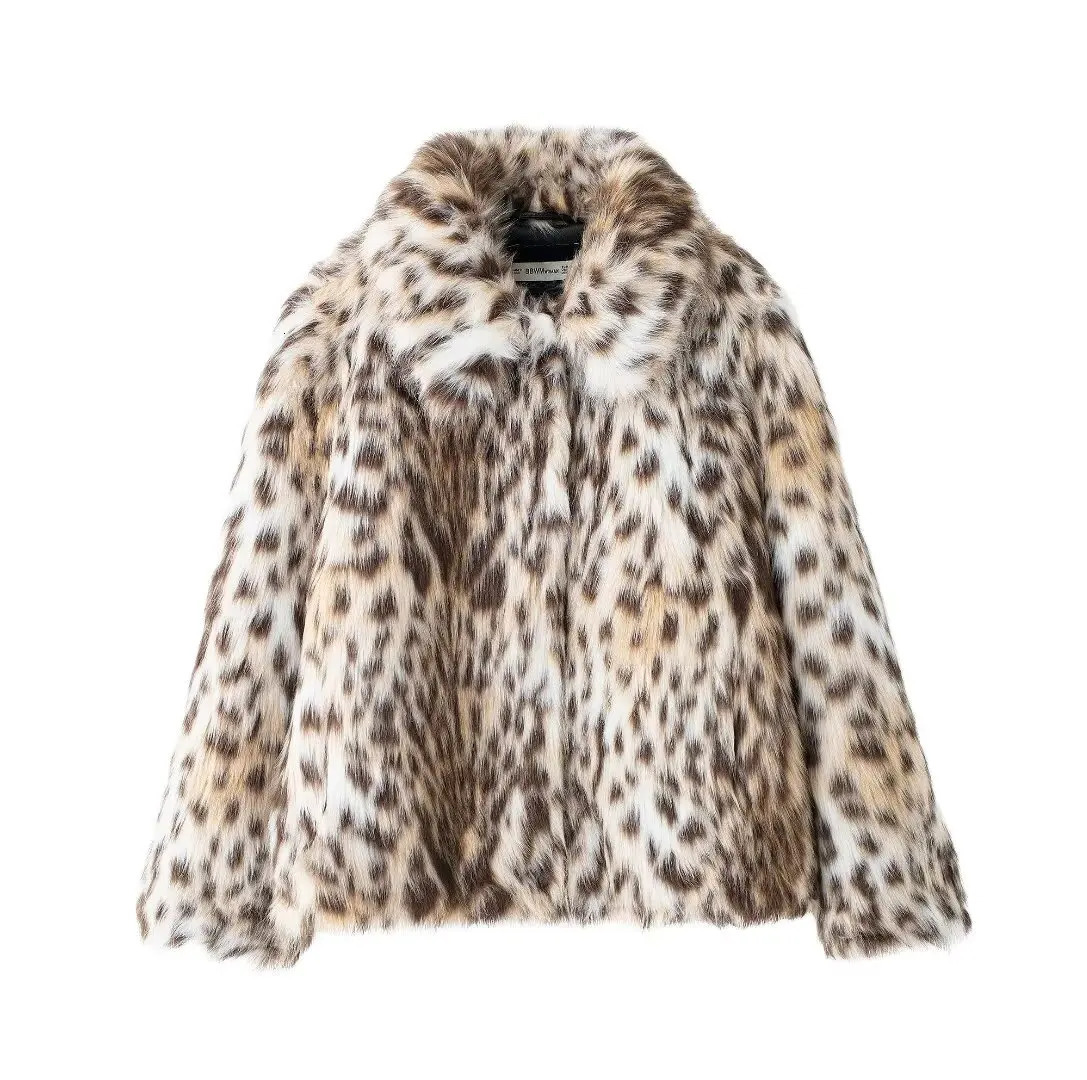 Winter lapel versatile leopard printed fur coat womens fashionable warm jacket 241107