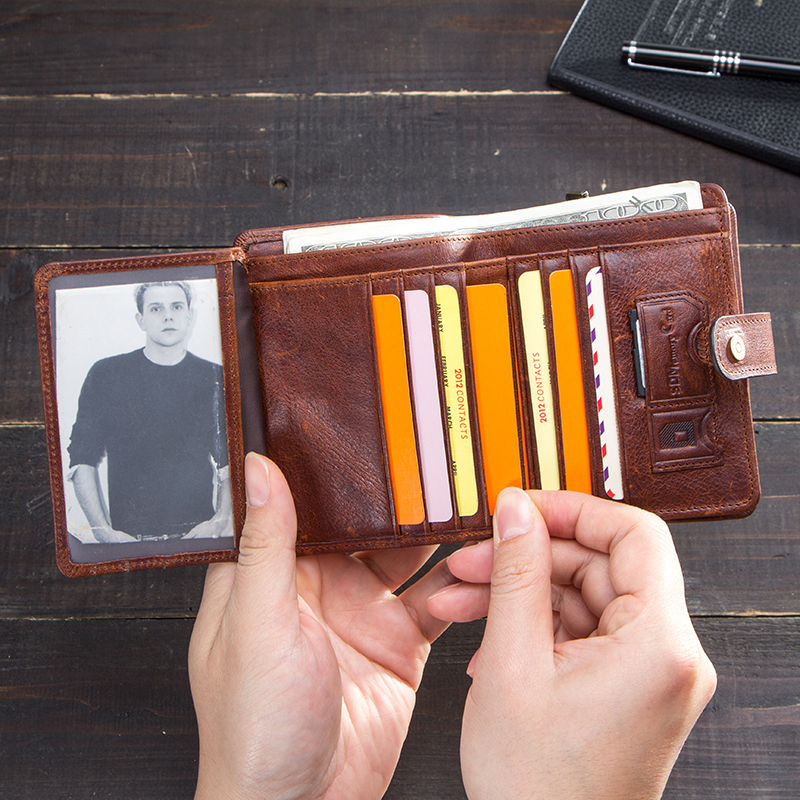CONTACT'S Genuine Leather Wallets for Men Short Trifold Casual Men's Wallet Luxury Brand Zip Coin Purses Card Holders Money Clip
