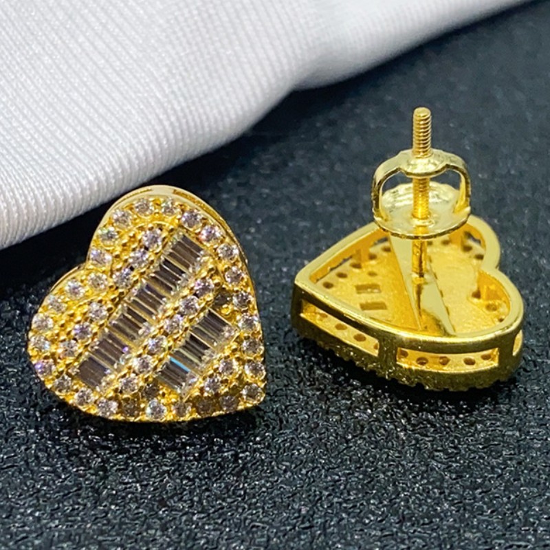 S925 Sterling Silver Gold Plated Pass Test Moissanite Diamond Heart Studs Earrings Nice Gift for Men Women Moissanite Earrings