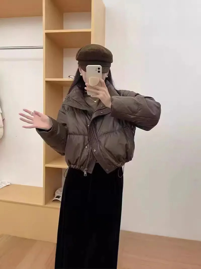 Winter Warm Short Parkas Womens Y2K Fashion Pu Leather Crop Inflatable Jacket Womens Loose Street Clothing Zipper Long Sleeve 241107