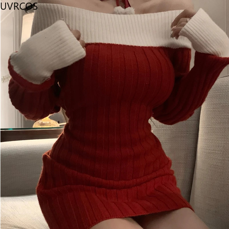 Sexy Red Christmas Dress Women Autumn Winter Korean Style Slash Neck Bodycon Knitted Dresses Female Elegant Y2k Party Mini Dress 241107