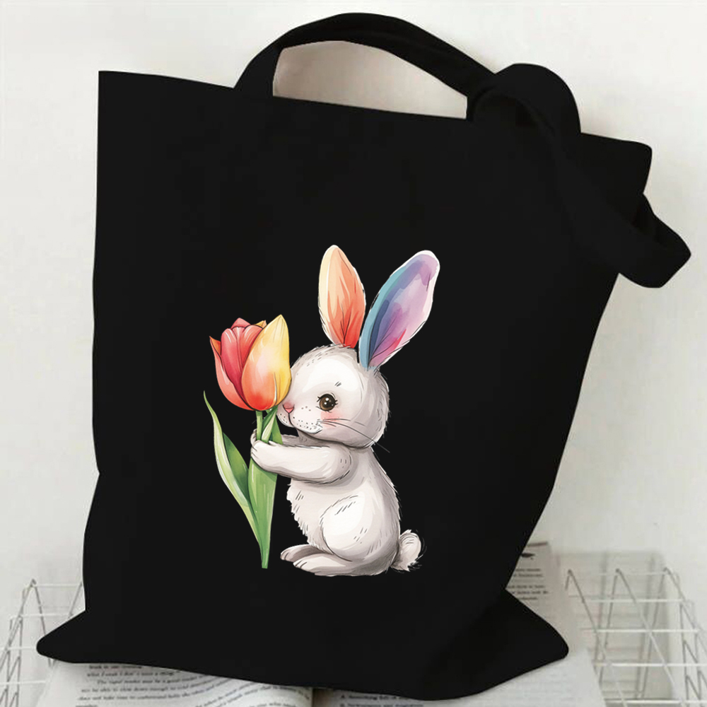 Bunny Handbag Women Watercolor Art Design Shoulder Bag Lady Casual Outdoor Beach Shopping Commuter Bag Floral Rabbit Tote Bag