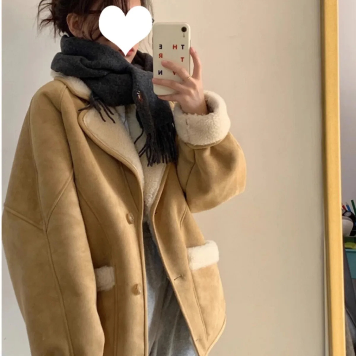 Korean version womens khaki patch work elegant wool cotton jacket winter brown long sleeved single chest loose jacket 241107