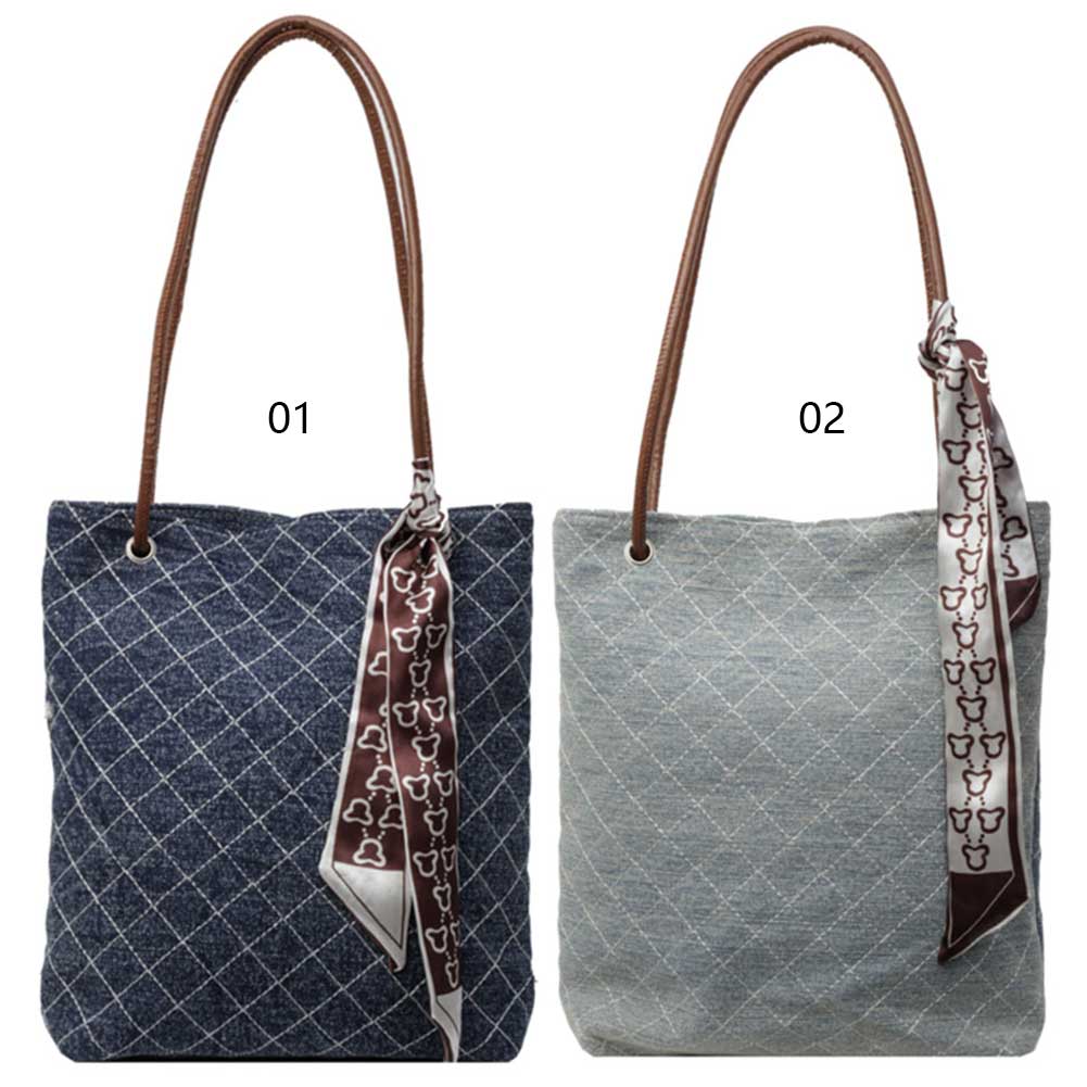 Women Denim Tote Bag Shopping Work Bag Hasp Closure Underarm Bags Large Capacity Chic Hobo Bag with Ribbon for Party Vacation