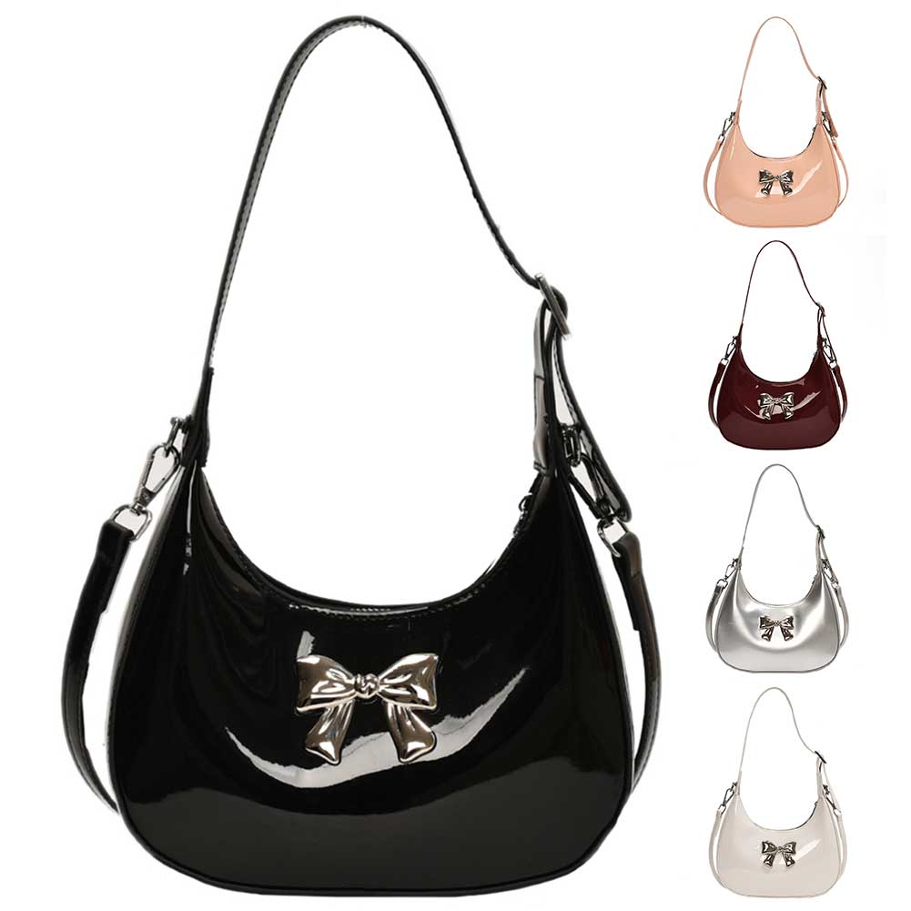 Women Chic Tote Handbag Solid Color Fashion Crescent Bag Adjustable Strap Glossy Underarm Bag Female Daily Handbag