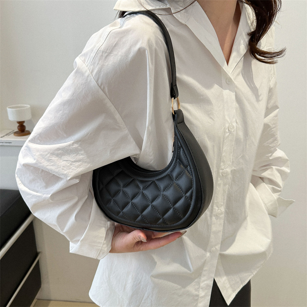 Fashion Plaid Crescent Shoulder Bag Trendy Clutch Purse PU Leather Shoulder Purse Solid Color Small Hobo Bag for Women