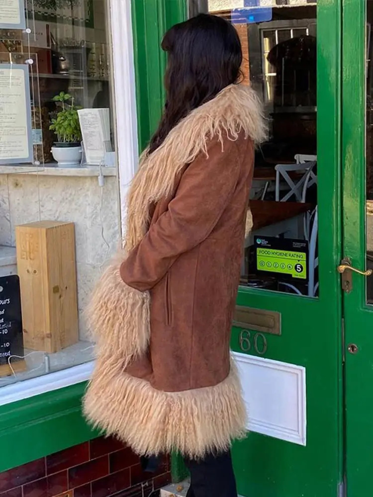 Artificial fur patch work thick coat womens lapel fur loose long sleeved warm coat winter casual pocket coat 241107