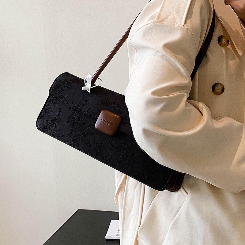 Square Printed Large Capacity Fashionable Canvas Stick Bag, Autumn and Winter Niche Retro One Shoulder Underarm Bag,