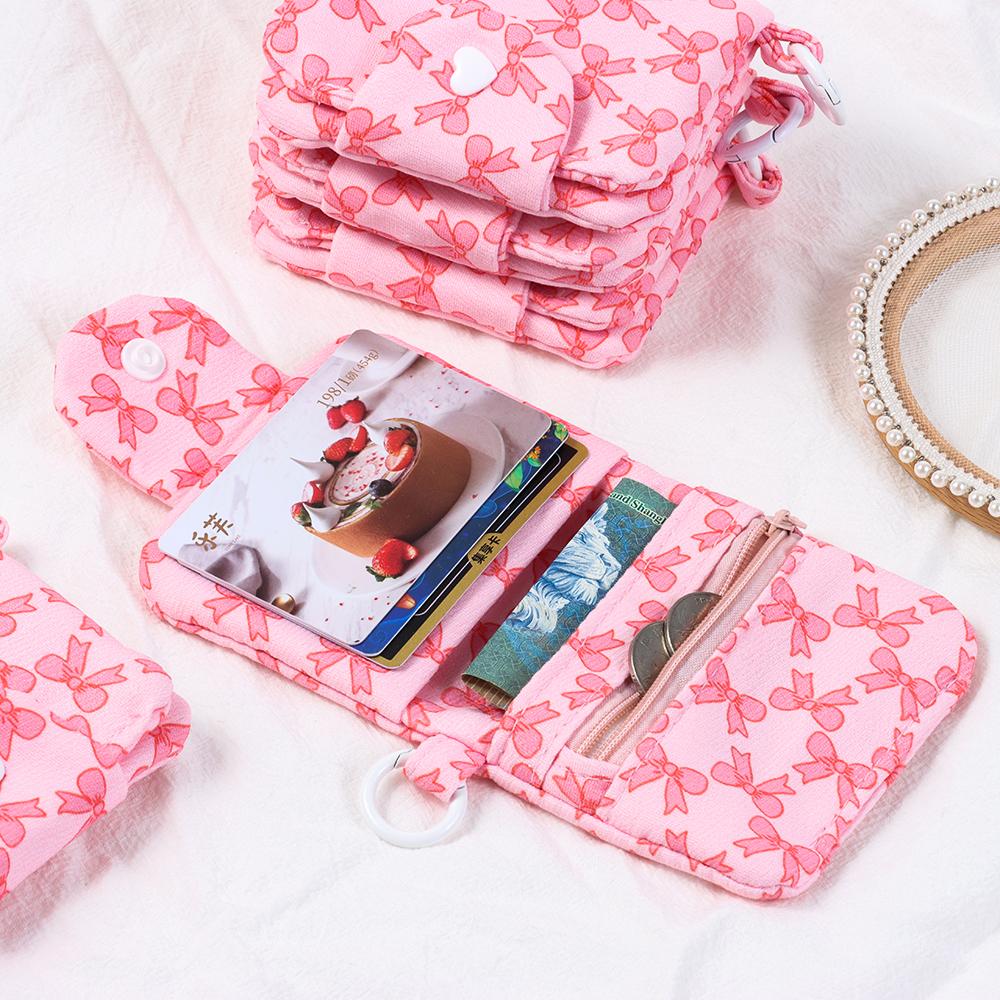 Bow Print Pink Coin Purses Canvas Small Zipper Cash Wallet Large Capacity Card Holder Girls Casual Storage Bag For Women
