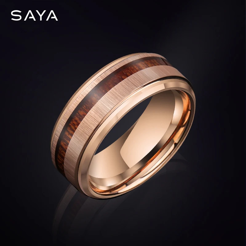 Mens tungsten carbide ring inlaid with Hawaiian wood fashion engagement wedding ring anniversary jewelry gift 241106
